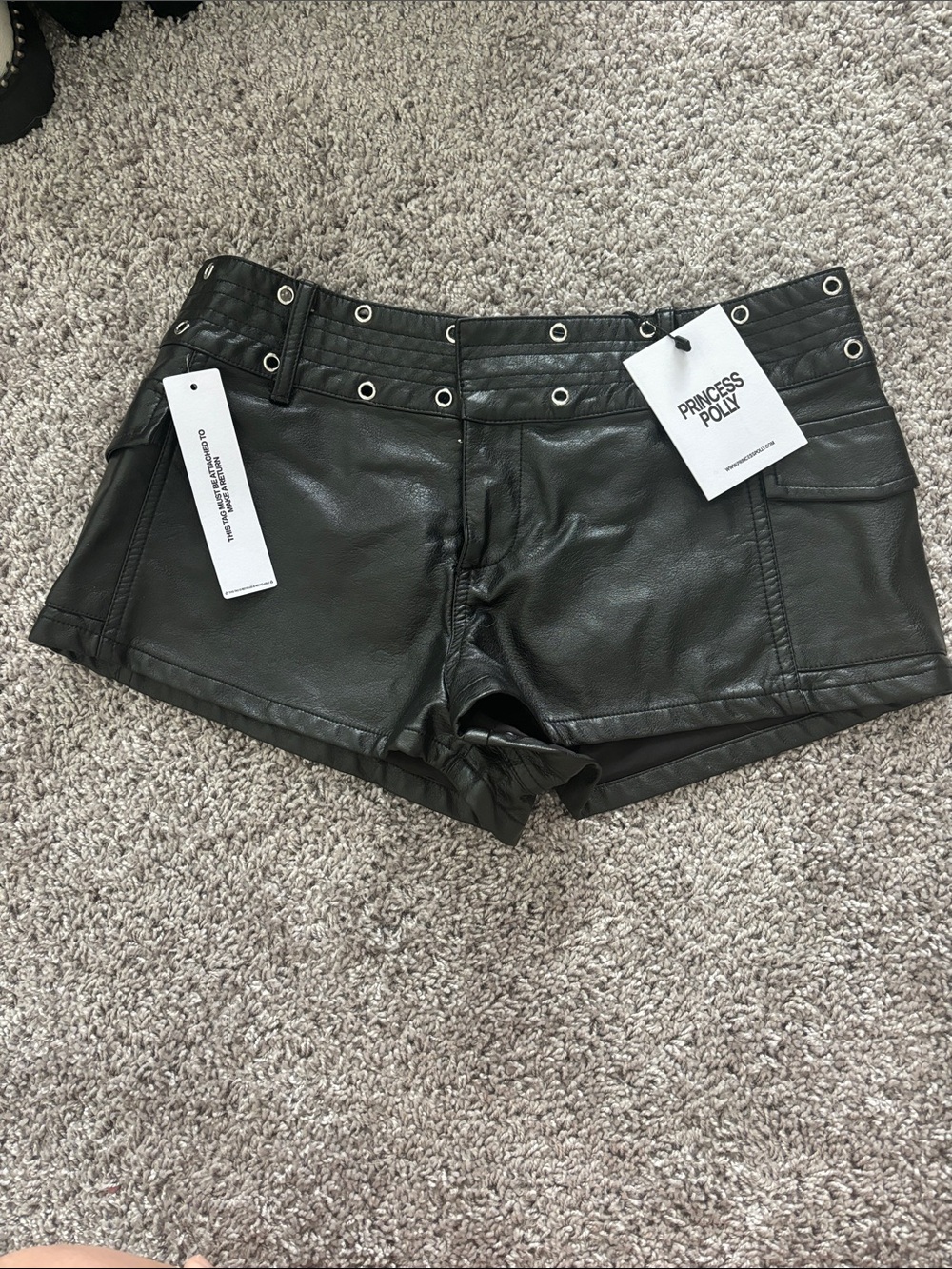 Princess Polly Black Faux Leather Grommet-Trim Micro Shorts